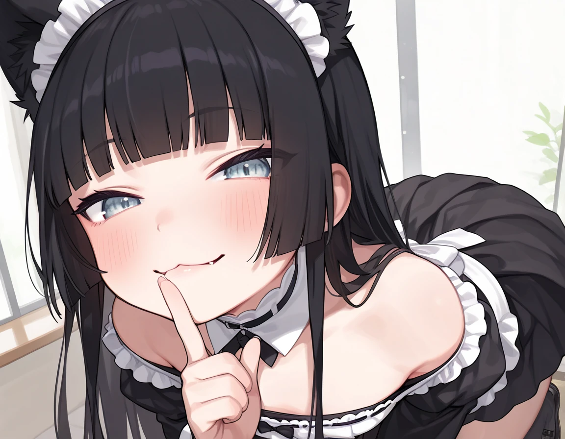 nsfw,1girl,Solo,Face focus,(:>=:1),irrumatio,(deepthroat:1.4),(Fellatio:1.5),(cheek_bulge),blackhair,purple red,Maid,black skirt,red bow,black Shiny pantyhose,Large sleeves,(1body:1.3),(erection),(looking_at_penis:1.3),(handsjob:1.5),masterpiece, best quality, very aesthetic, absurdres,pov Crotch,(Between legs:1.5),(Steaming body:1.5),(steam),(Sweaty),(cum:1.5)