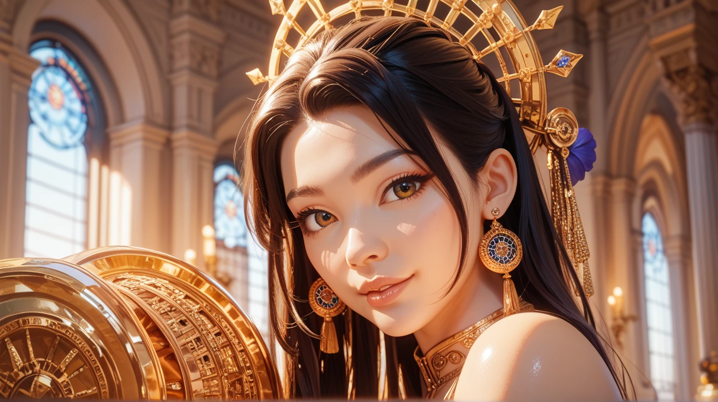 (masterpiece, top quality, best quality, official art, enchanting and aesthetic:1.2), 1female, dark black hair, short hair with bangs, golden eyes, dress, jewelry, high quality details, 4k eyes, no teeth showing, Egyptian makeup, serious expression, resting eyes, blue eyeshadow