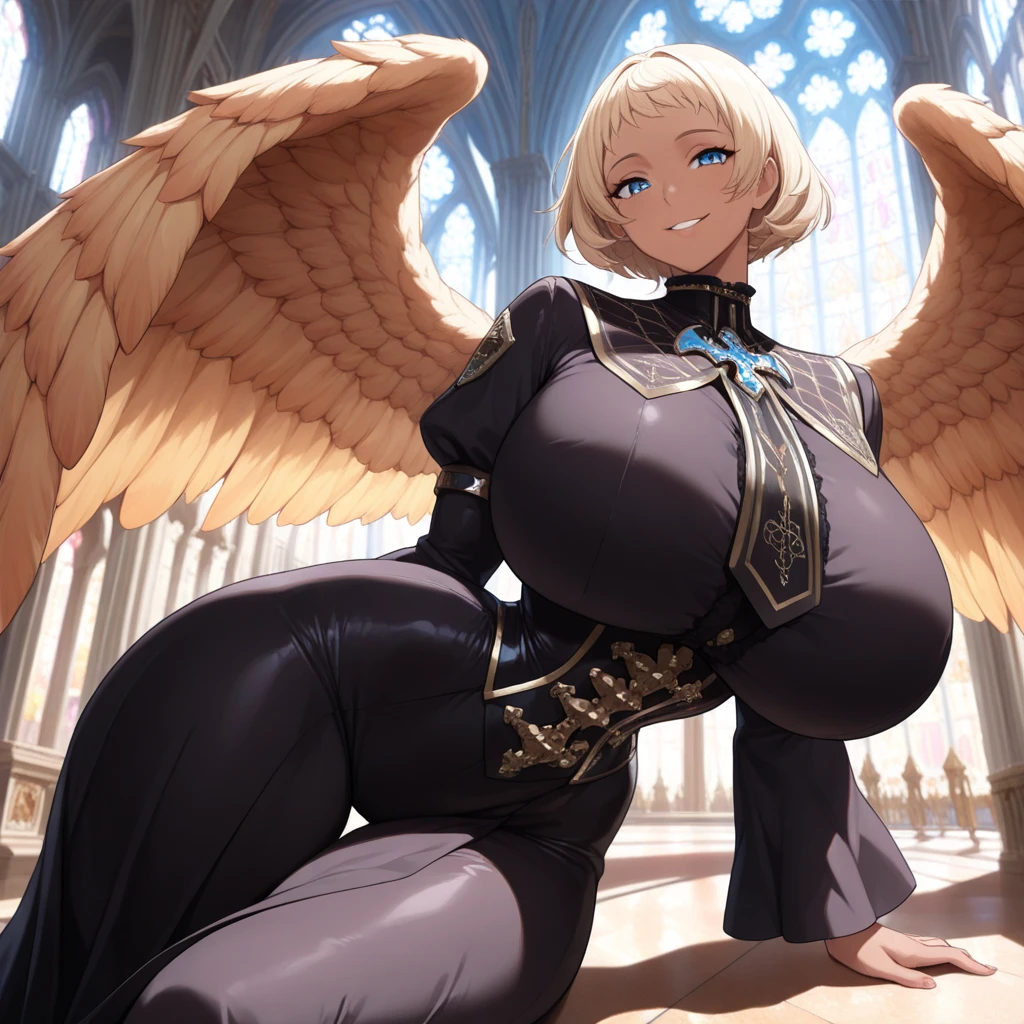 (masterpiece, highly detailed:1.2), 1girl, sarielx, heterochromia, braided ponytail, head wings, braided bangs, fantasy landscape, soft particles, gold armor, sideboob, underboob, gold skirt, gold gauntlets, head chain, angel wings, Very embarrassed, blush, Amazing, finely detail, multiple old mans, standing, large breasts, ultra-detailed, rodo, (old worker), retired, 2old mans, surrounded by old men, multiple boys, hetero, breast grab, breast grab from behind, She is shorter than the old man., blue sky, grassland, Mumu, Exposed nipples, (Men and women are the same height:1.5), groping, smile, close-up, cowboy shot, best quality