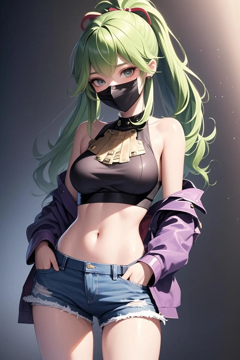 Kuki Shinobu Genshin Effect, masterpiece, bestquality, 1girls, mediuml breasts, bara, crop top, shorts jeans, choker, (Graffiti:1.5), color splashes, arm behind back, against wall, looking at the audience, bracelet, Thigh strap, Paint on the body....................................., Head tilt, bored, multicolored hair, water eyes, headset,