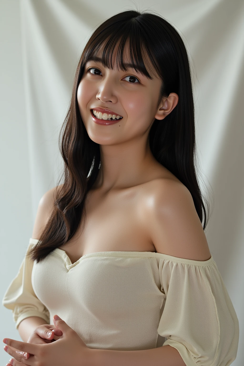best quality, photorealistic, 8k, high res, 1girl, woman, (professional lighting), (portrait:0.6), (off shoulder dress:1.72), gorgeous, black hair, (short hair:1.2), (1girl eyes looking at viewer:1.4), ((looking at viewer:1.6)), (looking at the camera), photorealistic, (bokeh), (portait:0.6), (dynamic pose:1.2), sfw, (smile:1.6),