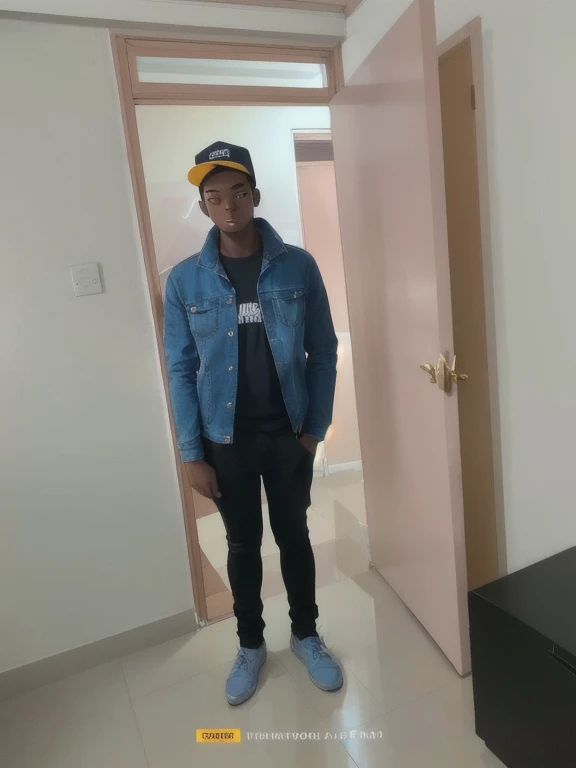 there is a man standing in a room with a hat on, full body picture, full body with costume, casual pose, he is about 2 , he is about 2 0 years old, he is about 20 years old, around 1 , taken in the early 2020s, in style of davey adesida