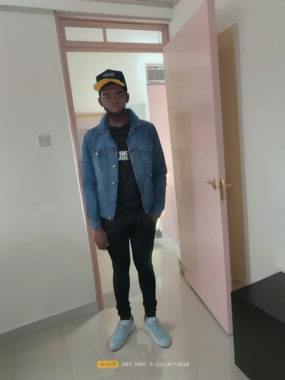 there is a man standing in a room with a hat on, full body picture, full body with costume, casual pose, he is about 2 , he is about 2 0 years old, he is about 20 years old, around 1 , taken in the early 2020s, in style of davey adesida