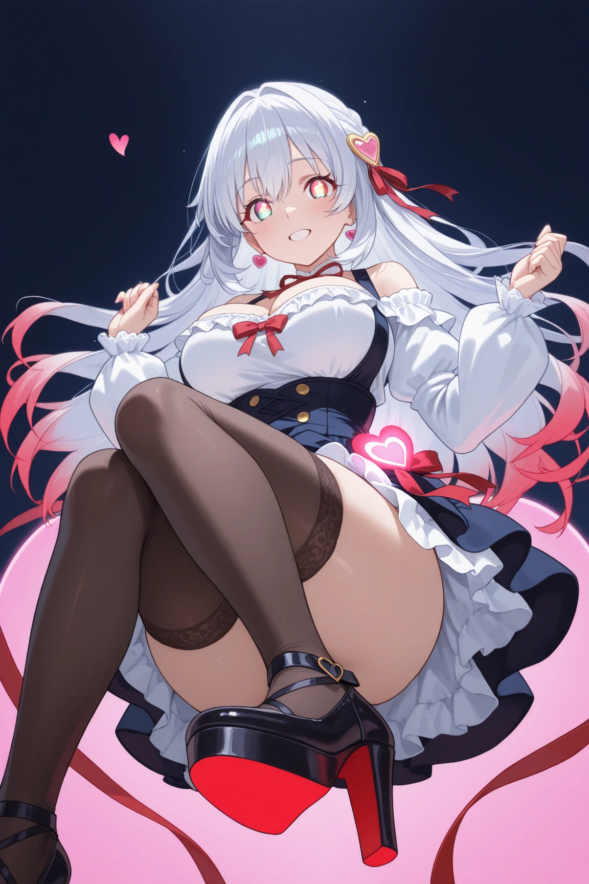 (Highest quality), (High resolution), (masterpiece), (Super detailed), Wolf Ears, Silver Hair, Long Hair, Blue Archive Art Style, One girl, Silky skin, Shiny skin, An athletic body, blush, Heart Pupil, Heavy breathing, chest, (Shiny Costumes,Very cute black and purple lingerie with frills,Short skirt,Black panties,Knee socks), Take a shower, Front view, (Bright saturation), Spread your legs wide apart, Raise your arms up and place them behind your head, Lift your butt, squat, Dripping love juice, Push your crotch forward, Stick your tongue forward, 大きなchest