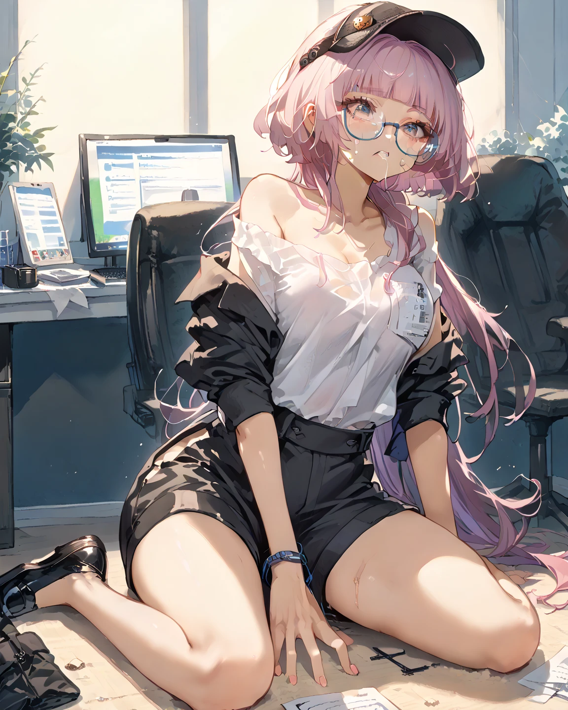 Dynamic composition,dutch angle,full body,Focus on legs,{{masterpiece}}, {{{Highest quality}}},{{Very detailed}},1girl,30years old,{Mature Woman}},otaku obsessed with fighting geeks,,{{Sit on a chair and take a rest}},{{raise one leg}},long-sleeved blouse,shoes,skirt,BLACK Lace high socks,glasses,clavicle,,{{v-shaped eyebrows}},Bad mood,blush,Sweat,raise one's eyebrows　,{{View your viewers}}、 pink long hair,Blunt bangs ,indoor、Computer Room