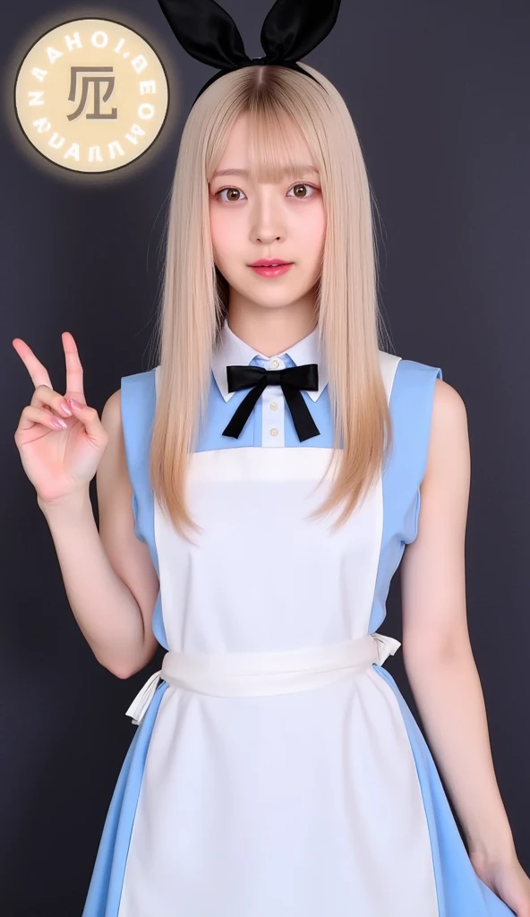 Create a high-quality, hyper-realistic portrait of a Japanese 6-years-old girl with pink hair and green eyes, standing in a confident pose with her hands on her hips. She has short, wavy pink hair with black hair accessories shaped like small horns. Her outfit includes a black dress with gold trim, featuring a bow at the collar and decorative patterns on the cuffs and hem. The background should be plain white to keep the focus on the character. Ensure the image has detailed facial features, expressive eyes, and an anatomically correct body structure. The overall composition should be bright and clean, capturing the cute and determined look of the girl.