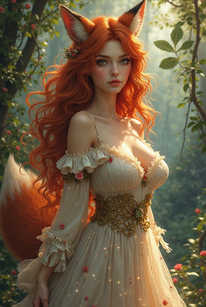 (raw photo, best quality) , (Realistic, photo-realistic: 1.4), extremely formidable overall plan, masterpiece, ultra-detailed, high resolution, best illustration, best shadow, complex, depth of field, very beautiful white woman with bewitching beauty, (style realistic), she has long red hair with light brown eyes, she has a single beautiful fox tail, and beautiful medium-sized fox ears ((she does not have human ears)) ((she has not human ears)), she wears a long fine white dress, she has a beautiful radiant smile, it is in a green forest, General shot, Photorealist style 8k, DSLR, high quality, (film grain: 1.4), Fujifilm XT3,