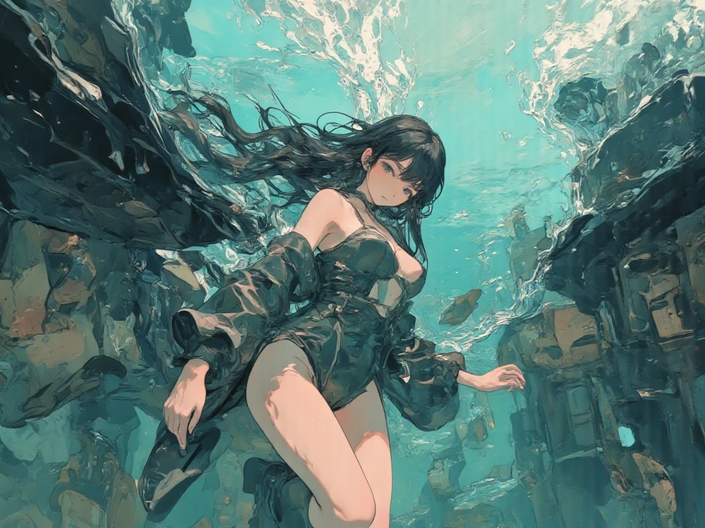 a tied up naked ager girl in black pigtails with an emo male teen with black hair, blue lagoon, night, moon, blue planet, futuristic