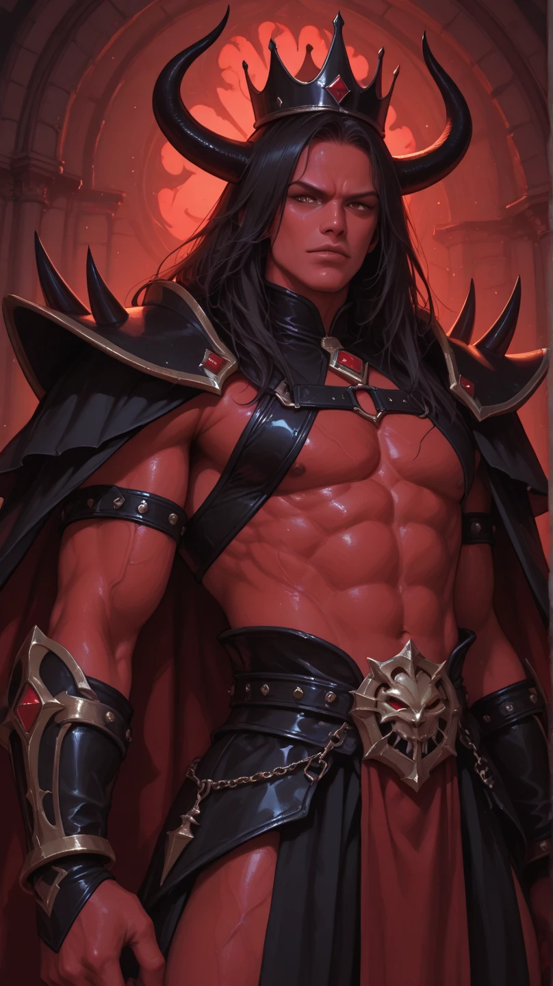 A red man incubus, brawny, wearing no shirt, leather pants with gold details, sadomasochist, with long black hair, horns on head, horns curved backwards, big bat wings, gorgeous eyes, Eyes red, fire in the background, dramatic lighting, Gothic aesthetic. ultra realisitic, extremely details, focus on character, nblurry background.