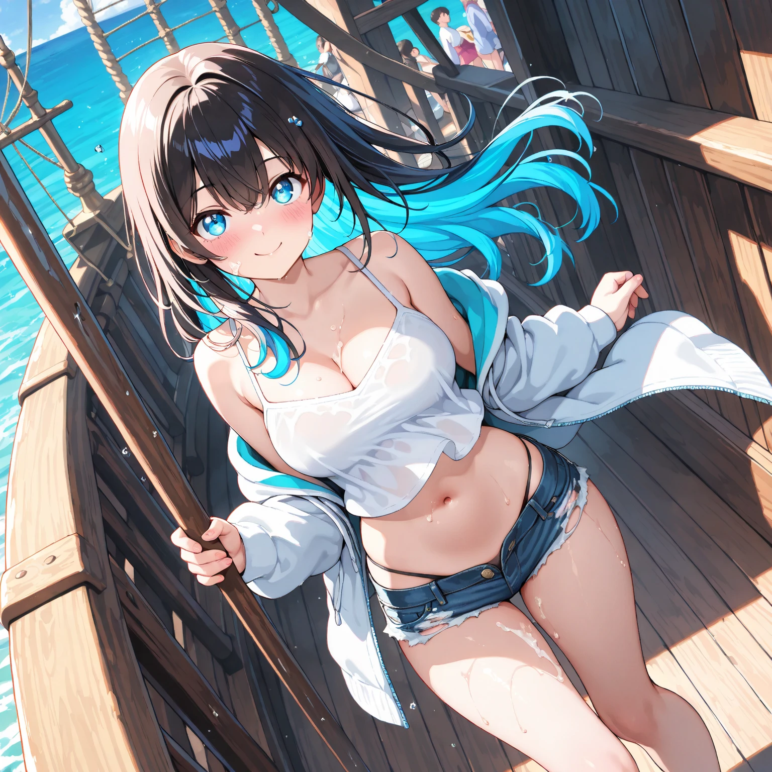 (masterpiece), best quality, expressive eyes, perfect face, black hair, blush, black choker, blue eyes, shoulder showing, happy, chest showing, bikini