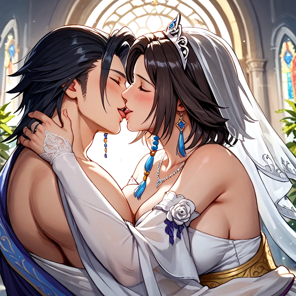 ((highest quality)), ((masterpiece)), (detailed), (Perfect Face)、The woman is Shinobu Kochou and has purple hair.、(Wear a gorgeous, voluminous, shiny purple see-through wedding dress, a purple see-through wedding veil, and a purple see-through wedding cape.、She wears jeweled earrings and necklaces, bracelets and ankles, jeweled waist chains and head dress chains, a gorgeous, open, detachable, see-through dress skirt, purple shiny high heels, and a gorgeous engagement ring.)、(On a luxurious bed, she smiles and hugs a naked man tightly, kisses him deeply, and pledges her eternal love and loyalty to him.)、((The woman embraces the man tightly and shares a deep kiss, pledging her eternal love and loyalty to him.))