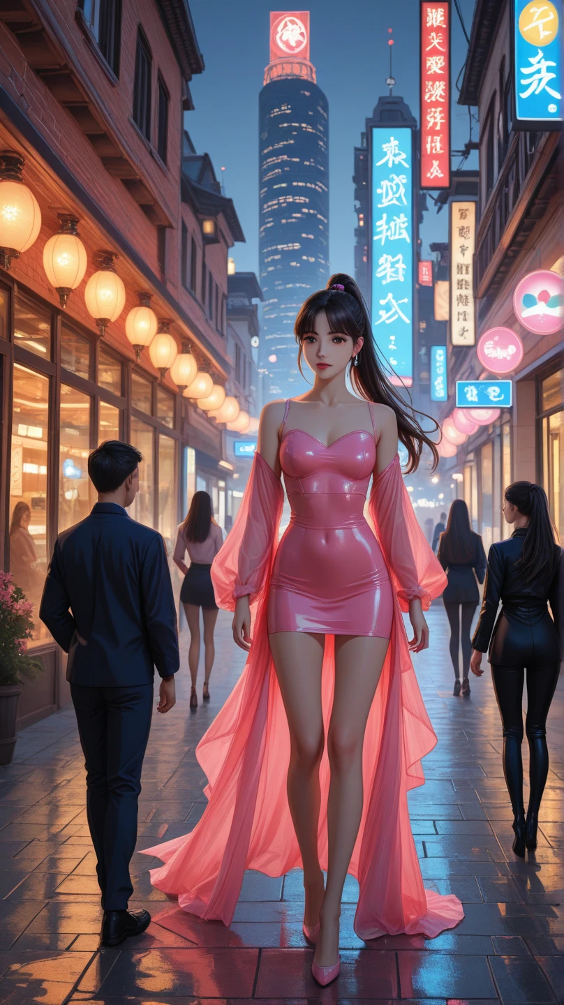 High quality, high resolution, masterpiece, highly finished, detailed photorealistic, real photo. She is a stunning beauty with curly brown hair and striking blue eyes, accentuated by her long eyelashes. She wears a bright pink outfit that features her ruffled skirt and flowing top adorned with intricate details. She is set against a futuristic cityscape with skyscrapers and neon lights creating a glowing backdrop. The overall vibe of the images is fashion-forward, dynamic, and has an anime-inspired appeal.
