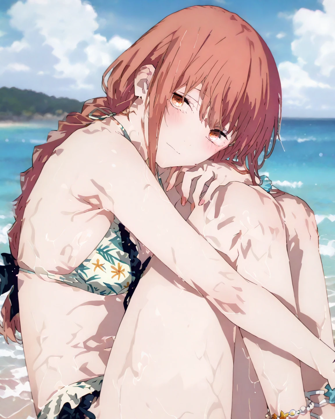 expression of emotions、beach、Lying on your back on the beach、side boob、landscape illustration、Soggy body after taking a shower、pink clothes、Tearnote Yoko, 22 years old、small breasts、High resolution、Facial、Bukkake、semen on chest、cum in hair、Loincloth figure、Slingshot Cloth Outfit