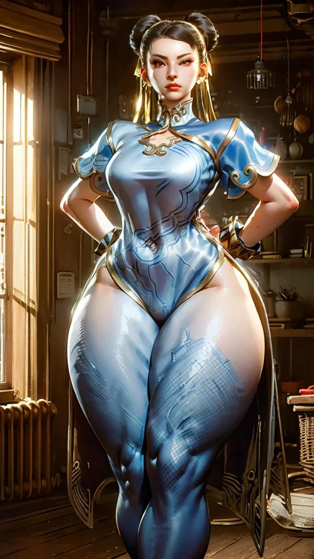 Chun-Li from Street Fighter , ((There are two buns in the hair)) 、(muscular legs), dynamicposes, white boots,(((Chinese Neck Leotard))),H Cup Bust、large udder、Big ass、wide pelvic、thick thighs、shiny thin stockings、Soft udder、soft ass、Show me your bust、Show me your genitals Beautiful nipples、Show me your nipples、sensually、clit、Upper Stage Kick、lewd body、Posture with buttocks sticking out、