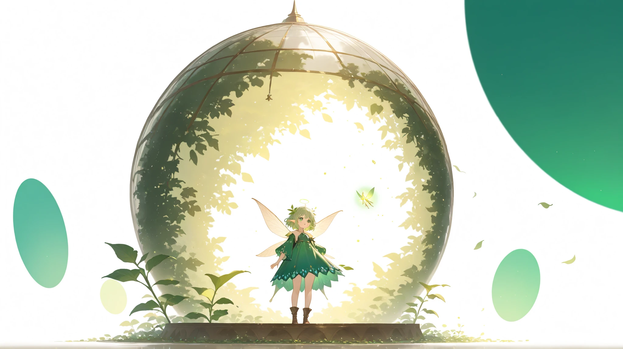 masterpiece,Highest Quality, (white background:1.5) 1 girl, far shot, full body, green circle , Fairy, fantasy, magic, Green leaves, dome, standing, bright face,