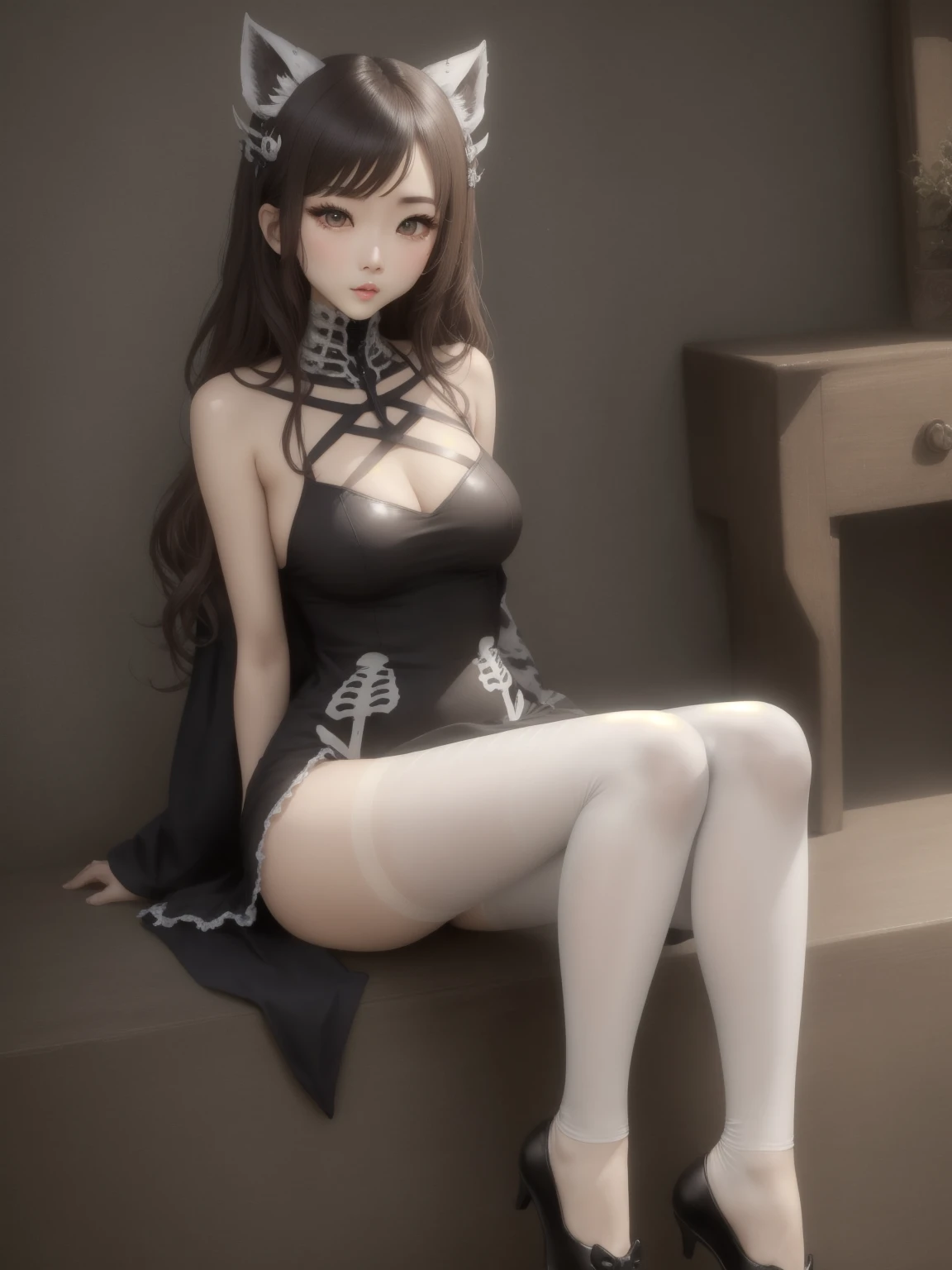 Fashion trendy beautiful and charming woman, gentle and charming Chinese beautiful woman, Korean(kpop-idol), delicate and sexy collarbone, charming oval face, double eyelids, smart [peach]blossom eyes, pink lips, small nose, bare shoulders, focus on the face, close-up of the face, Ultra-high-definition, super-detailed, the ((loose)), white off-the-shoulder shirt perfectly echoes the light blue high slit miniskirt, (chest cutout). ((black)lace panties), fresh and impressive, Natural(medium breasts:1.25), (nsfw:1.2)
