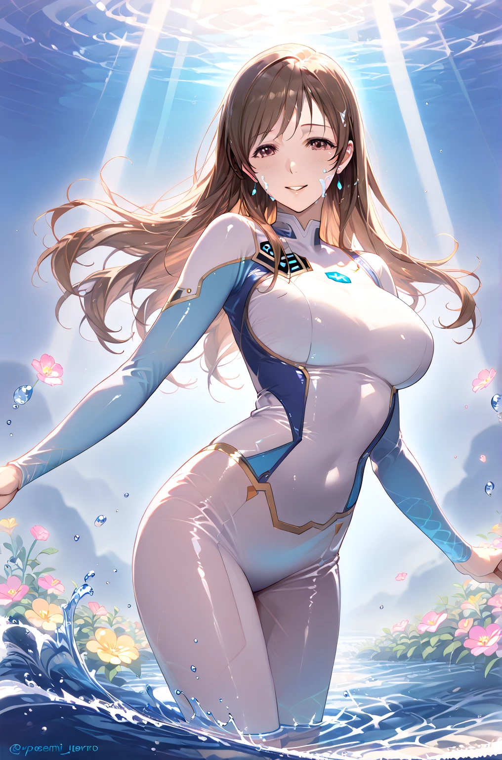 Highest quality、Realistic、woman、senior citizen、68 years old、grandmother、Wrinkled face、zoom、Orange eyes、Silver-haired wavy hair、Reinforced Body、Hero Suit、Glossy white bodysuit、Blue and gold accents、thin、Dark Skin、Big saggy breasts、Inappropriate smile、Busy Street、Bust Shot、