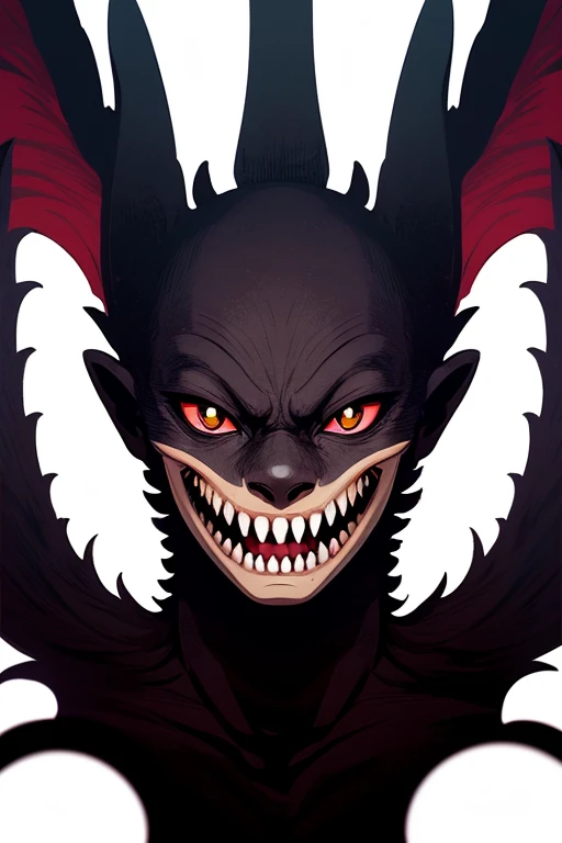 Create an anime picture of a fierce character side view phase using only black and red and a bit of white.... He should also have canines and laughing in a sarcastic way
He should not have human features it should be demonic and in shadows