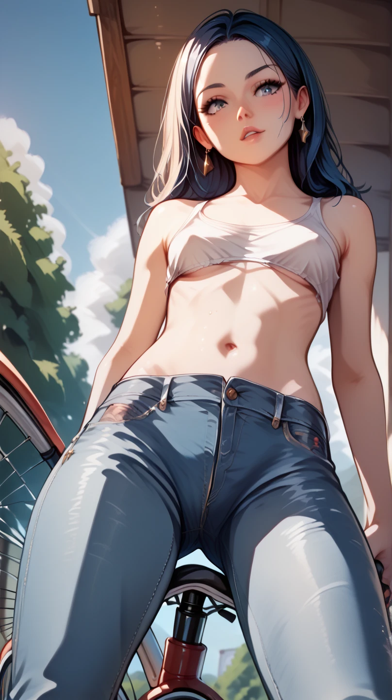 (8K、Highest quality、Highest quality、masterpiece)、Detailed face、Two Girl、(Brown Skin:1.2)、Long Hair、Red Eyes、Grin、(Bikini top Only、BikiniTop、Bikini Top、Black hot jeans shorts、Open Shorts、Unziped shorts、Mini jeans Shorts、No Panties、NoPanties、Suggestive pose、Spread pussy、From Below、pubic hair、heart cutout)、labia view、Beach、cloud、vagina、Pussy Lip、Wedgie between Pussy Lips、Big Breasts、