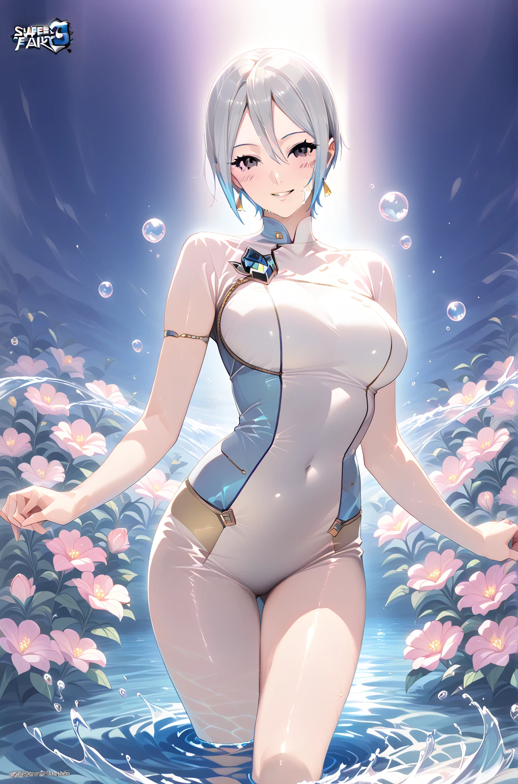 1girl, full body, rabbit ears, bunny ears, light skin, white skin, white bunnysuit, blue trim, bunnysuit, pantyhose, machinery, futurustic, science-fiction, neon trim, tech, large breasts, hourglass figure, blue hair, very short hair, blue eyes, smile, high heels, standing, ((full body))