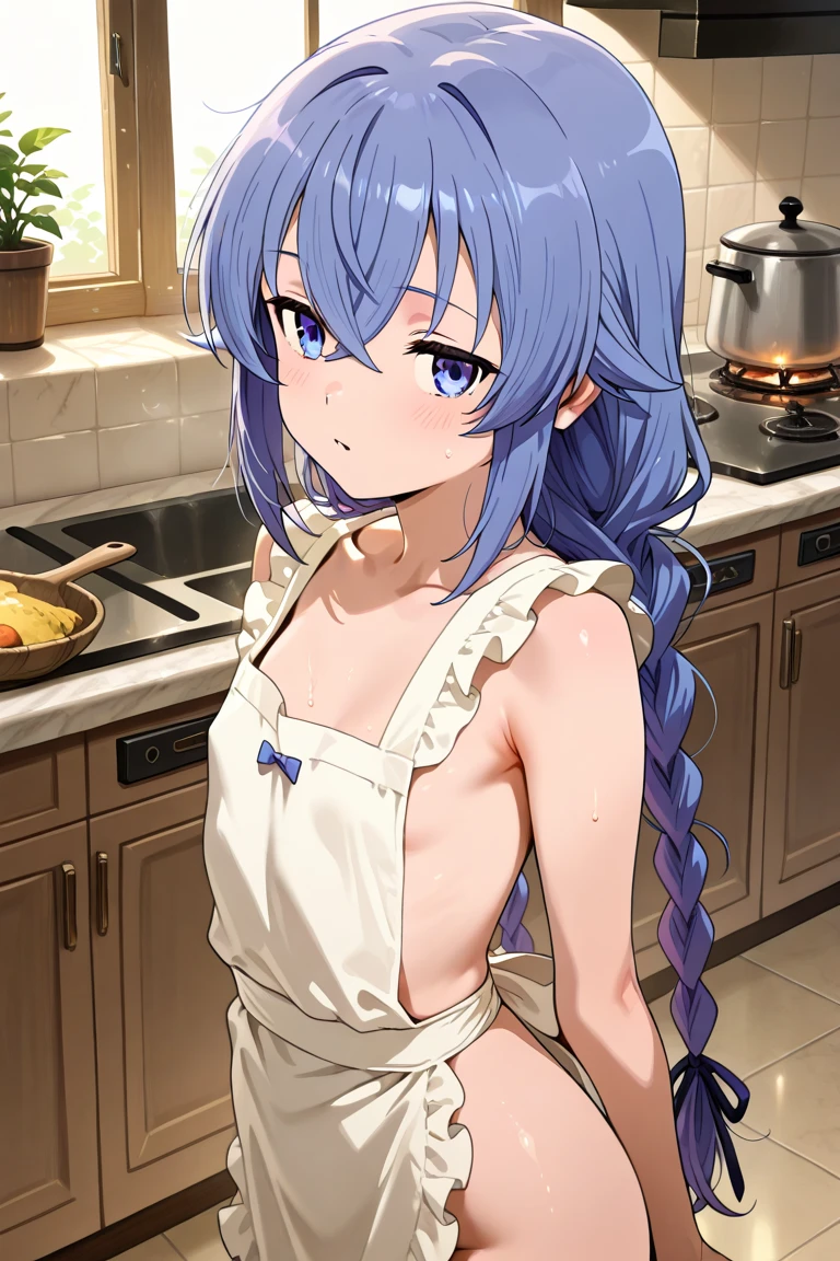 1mujer, sexy, cocinando, traje de conejita pelo corto color azul cielo