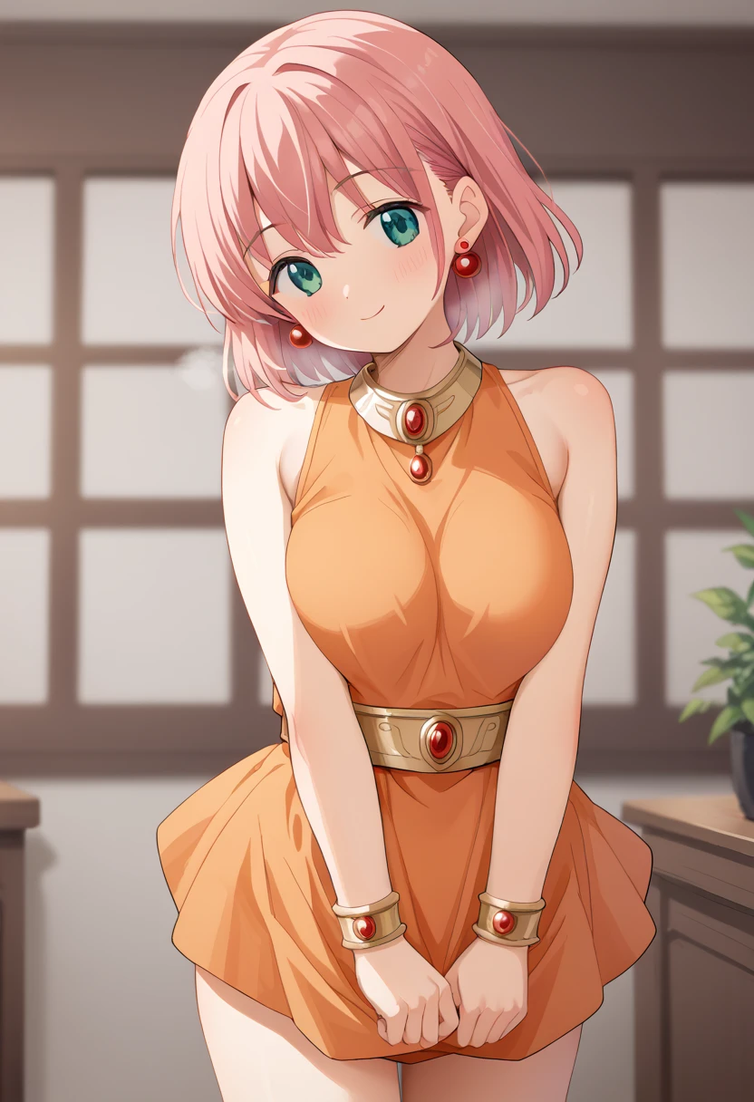 <lora:lenna_charlotte_tycoon:1>, lenna charlotte tycoon, masterpiece, best quality, 1girl, orange shirt, solo, pink hair, breasts, orange skirt, green eyes, wet, jewelry, large breasts, shirt, underwear, short hair, blush, wet clothes, bound, see-through, bra, dress, orange dress, earrings, bdsm, bondage, sitting, arms behind back, sleeveless, skirt, rope, looking at viewer
