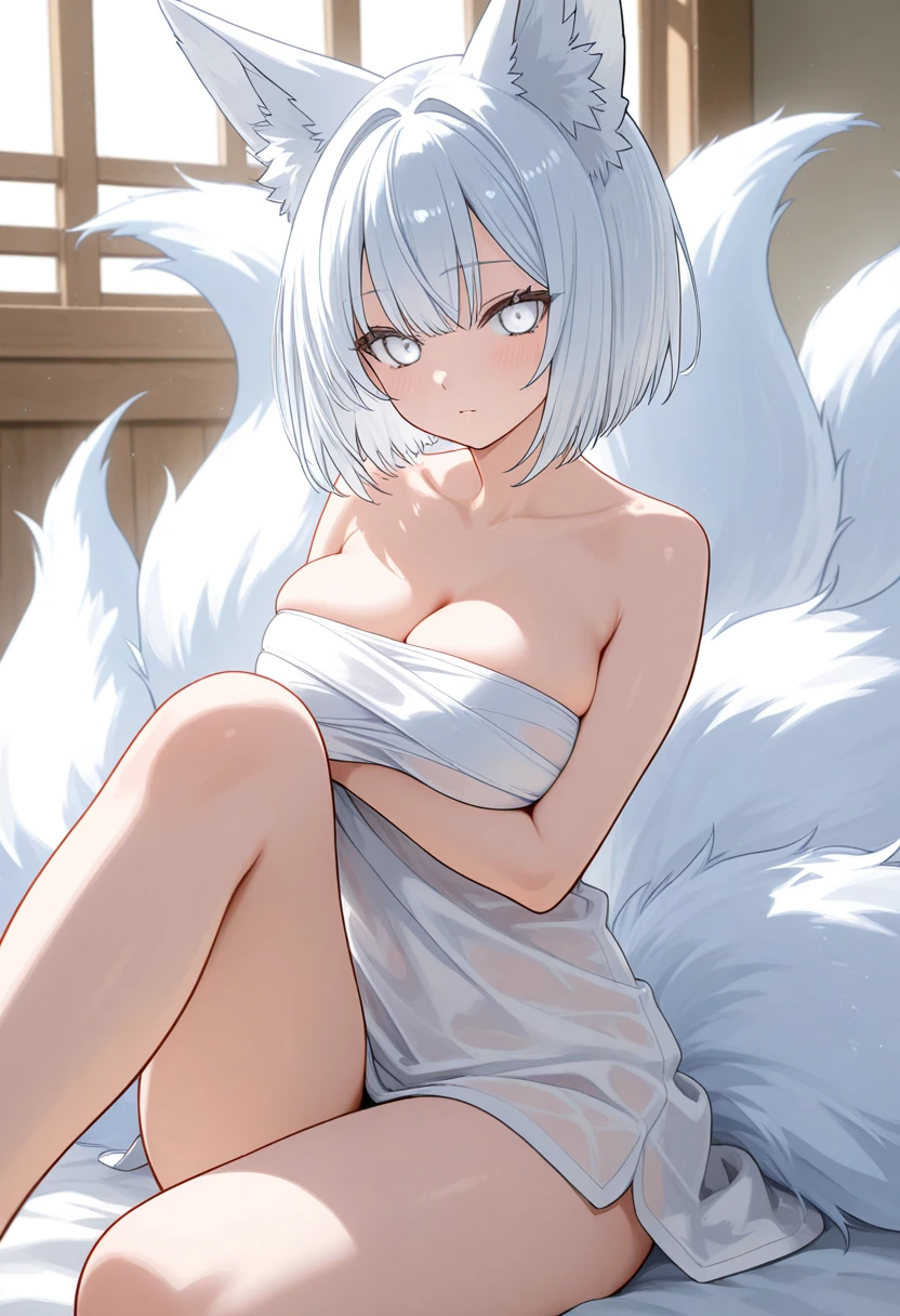 (slim body, natural titsbest quality, high-res, ultra-detailed, anime style), ((kitsune girl, pubic hair, white kitsune, long bob haircut, white hair, yellow eyes, smug eyes, evil smile, slightly smiling)), (Japanese temple interior, foggy dark forest), sexy pos(nsfw), white kitsune girl, dark anime forest, black tails, retro anime art, (blushing), dusk, choker, white unbuttoned robe, sexy shot. lesbian kitsunnsfw