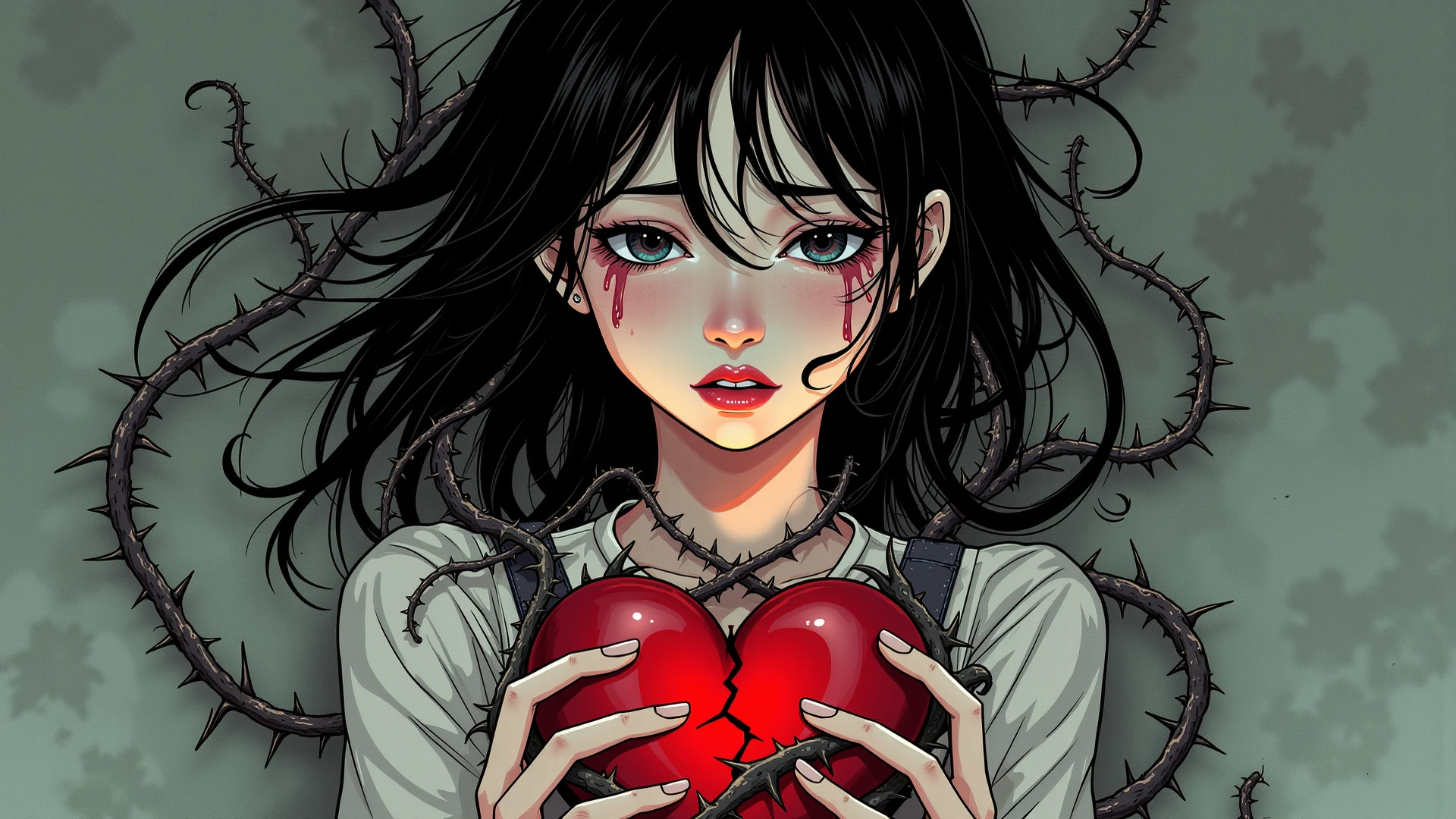 kristen stwart look alike, deep dark blue hair, long hair, red eyes, holding a bleeding heart, holding a human heart, Doll. white lace dress, In the style of Adrian Ghenie, Esao Andrews, Jenny Saville, Edward Hopper, surrealism, Dark Art par James Jean, Takato Yamamoto, Minimalisme inkpunk. Dans le style Tim Burton. Dans le style Addams Family. Dans le style Corpse Bride.
