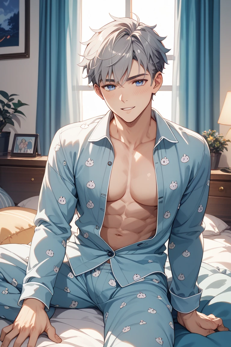 cute male, cat ears, cat tail, looking at camera, smiling, white hair, shirtless, white jockstrap, laying on bed, japanese house, 4 , cute boy, small body, no shirt, black neck collar, jockstrap, bulge, hands behind head, leash