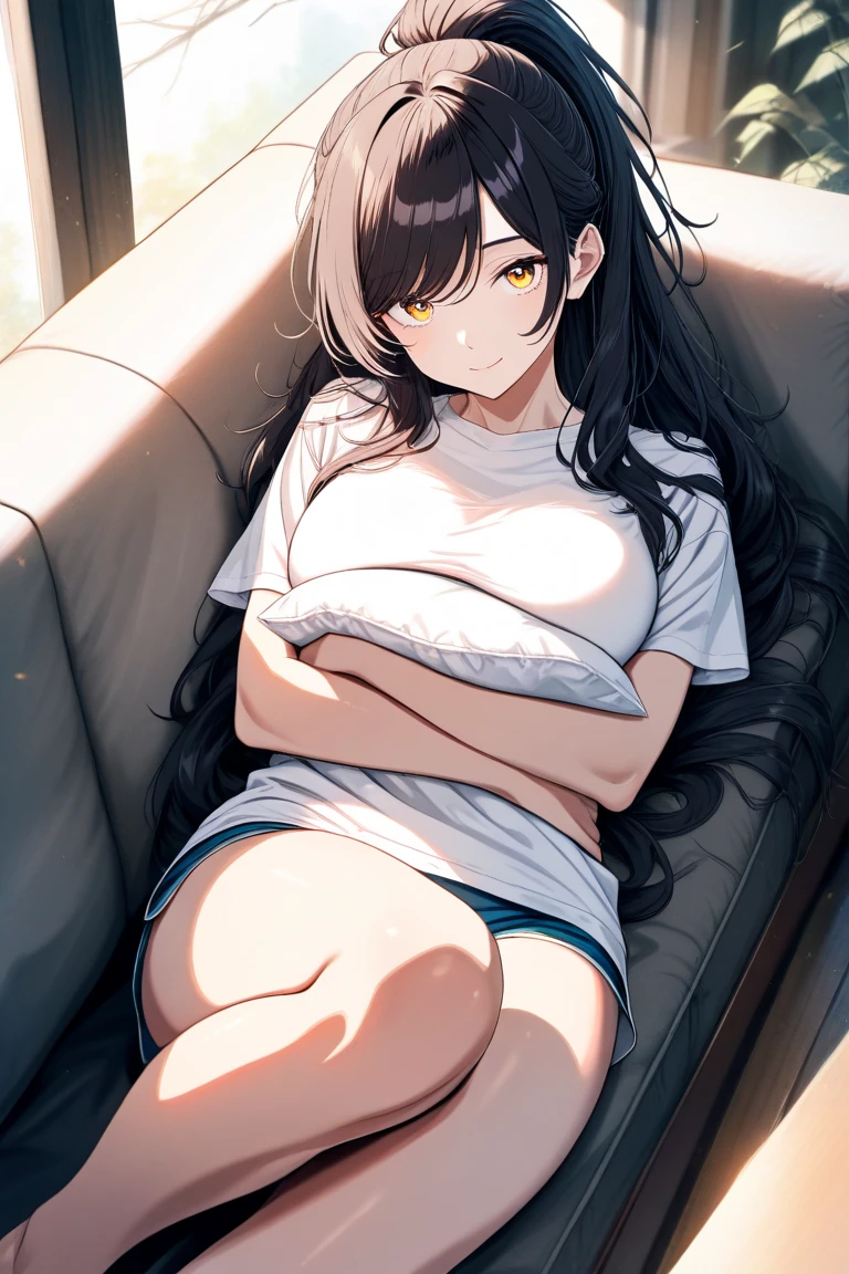 (hews art style:0.7), (hero neisan art style:0.7), score_9, score_8_up, score_7_up, score_6_up, uncensored, black hair, red eyes, purple lipstick, hair between eyes, long hair, short pointy ears, pale skin, BREAK (masterpiece:1.2), best quality, high resolution, (detailed eyes:1.3), perfect lighting, (perfect hands, perfect anatomy), 1girl, solo, shorts, indoors, window, looking at viewer, couch, denim shorts, breasts, short shorts, denim, bare shoulders, bare arms, shirt, pillow, bag, blue shorts, parted bangs, white shirt, sleeveless, lying
