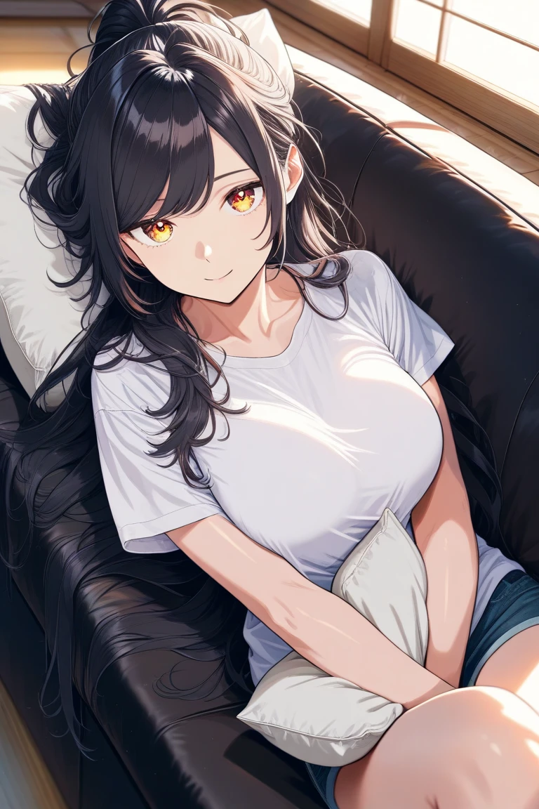 looking up, Upper Body, Realistic, real person, (pale skin: 1.2), RAW photo, photorealistic, shiny skin, shiny hair、(A 2 woman with medium-length hair and bangs) and (wavy hair) and (brown hair) and (orange eyes) , White T-shirt 、Cleavage、smile, (embarrassed:1.3), Sofa in the background、Alone、Sitting on the couch