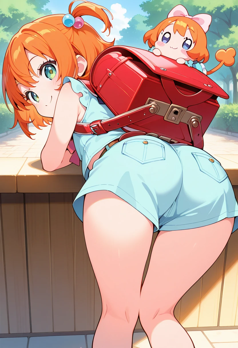 Kousaka honoka, blue eyes, orange hair, looking back, virgin killer sweater, big breasts,big ass, from behind, standing, bracelet, tree, grass, nature, butt crack, bare back, picnic basket, milf