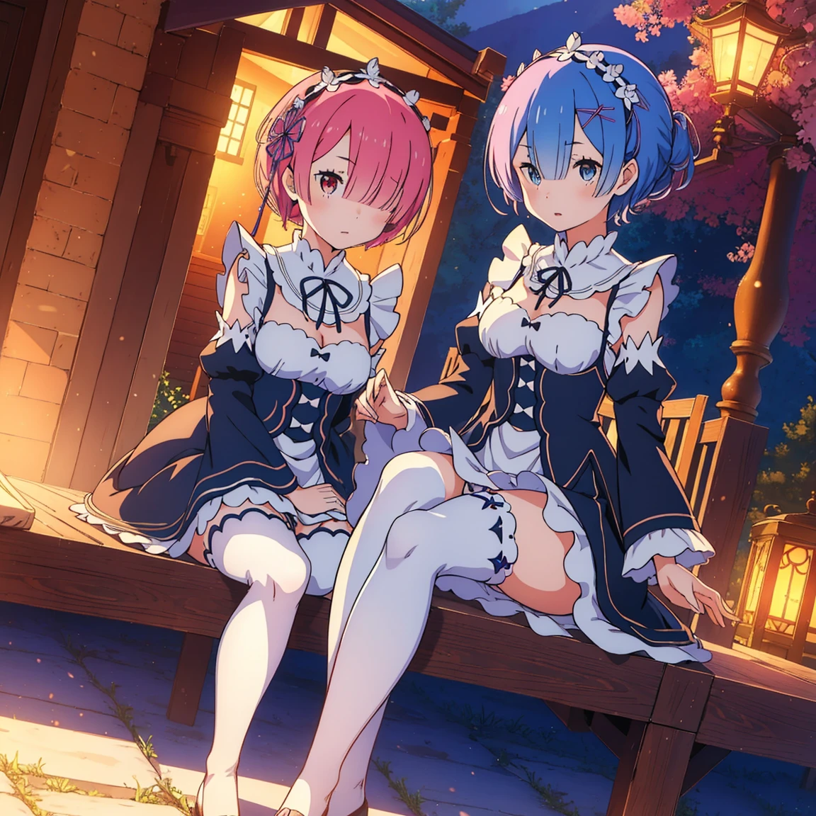Tabletop, Highest quality, (colorful), (Delicate eyes and face), Volumetric Light, Ray Tracing, Highly detailed CG Unity 8k wallpaper, (Two Girls:1.3), (Remlin:0.7), (Ramchi:0.8), Hair on one eye, Maid, Purple ribbon, Maid headdress, roswaal mansion Maid uniform, Removable sleeves, White knee-highs, Sitting, bench, garden, blue sky、