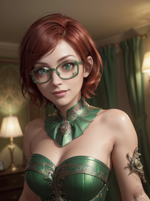 Short, Red hair, green eyes, green raincoat, wreath on his head, smile, girl 15 years old, metal frame glasses. (masterpiece, top quality, Best quality, official art, beautiful and aesthetically pleasing:1.2), extremely detailed,(fractal art:1.2),colorful,The most detailed, (dynamic pose), (Many colors:1.4). ((split. skin texture, Shiny skin. elegance. photorealism. unreal engine. 3D model. Ultra high quality textures. high detail. permission 8k))