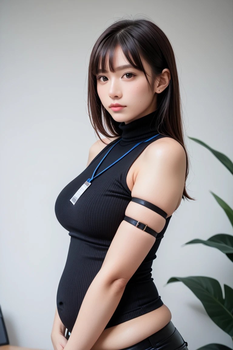 Highest image quality, outstanding details, ultra-high resolution, (realism: 1.4), ((close up:0.75)), highly condensed 1 lady, with beautiful and a delicate face, perfect proportion, aiming the viewer, chubby:0.3, small breasts), (cloths color base ratio black:0.2 white:0.6 other-color:0.1), (wearing cyborg as police uniform, black and gray mecha, wearing high-tech heavy gasmask, military harness, holding a machinegun, carrying hich-tech-flamethrower -tank on back), background simple grey wall,