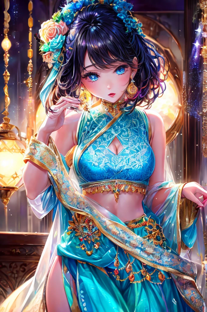 cute girl in outfit with flowers holding a glass of wine and a candle, 1girl, flower, black hair, red eyes, hair ornament, hair flower, swimsuit, solo, middle breasts, navel, (best quality, 4k, 8k, highres, masterpiece:1.2), ultra-detailed, (realistic, photorealistic, photo-realistic:1.37), short black sauvage, through bangs, beautiful detailed(yellow eyes, lips), cute face, vibrant colors, natural lighting, dynamic pose, intricate details, detailed facial features, long eyelashes, full lips, cinematic, fantasy, adventure
