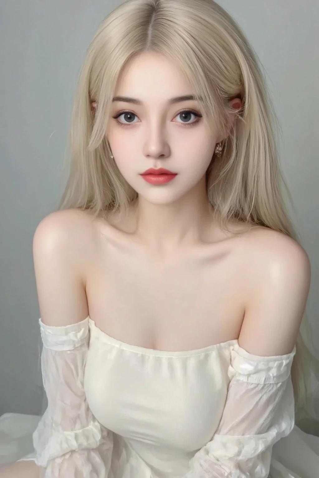 A girl with a bright and innocent expression, Luxury green coat with a collar design, buttoned up (, Light blonde, shoulder-length hair with soft waves (not too sensual or provocative), Hair should be clean and well-groomed, Glowing, healthy-looking skin with a subtle smile, Star in the eye (a sparkle or a shining star symbol) to represent innocence and magic, Red lips (a soft, subtle shade, not too bold or provocative, Grey background to keep the focus on the subject and avoid distractions, The picture should exude innocence, elegance, and a sense of wonder, es, ensuring the image is suitable for all ages, Ensure the subject's pose and expression are natural and relaxed, avoiding any provocative or uncomfortable positions.