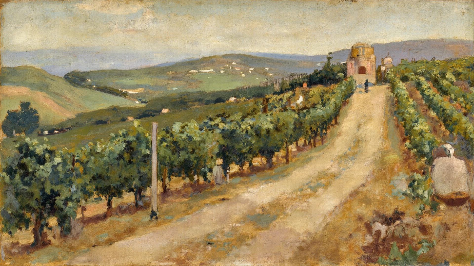 A oil painting, slender girl, small breasts, naked, a vineyard in the background, walking, black hair,