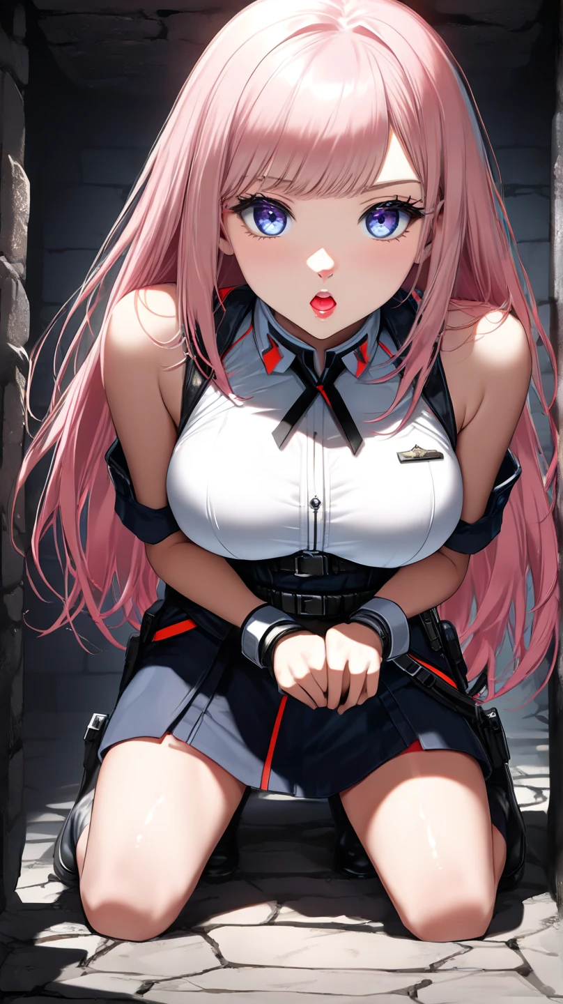 masterpiece,1girl,solo,pink hair,pink gloves,twintail,nurse cap, center_opening,blush,((all fours)),