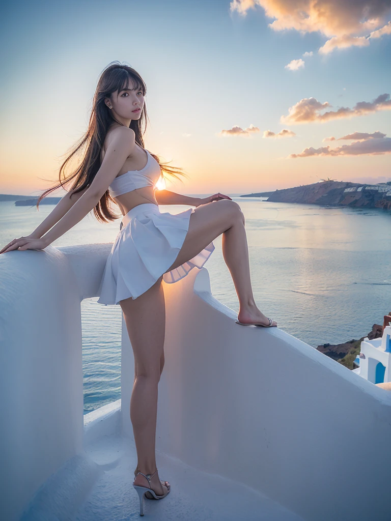 (((masterpiece:1.4, Highest quality:1.48K, Ultra-high resolution, Photographic realism, Physically Based Rendering))), Sharp focus, Full body portrait, Full Body Shot, Flat lighting, Super beautiful sexy woman, Very beautiful Japanese women, Perfect sexy body:1.124-years-old, alone, Delicate large eyes, Carefully crafted eyebrows, highlight, (((Brown long straight low half bangs:1.3, Hair behind the ear, bangs))), (A strong wind blew her hair away:1.4), Highly detailed face and skin texture, Slim and beautiful:1.4, ((No sleeve, Transparent black body-fitting dress:1.5, Off the shoulder:1.5)), Dress flip, ((No panties:1.5)), ((Huge breasts:1.6)), (Exposing breasts:1.3), Small areola, Tiny waist and slim abs, (Dress Lift:1.6), (Detailed beautiful pussy exposed, :1.4), Pussy shot, Full Body Shot, (thin and long), No makeup, Distinct facial features, Looking at the audience, (smile:1.4, Open your mouth:1.1), (Please put your feet up:1.3, Sitting,Her Progress:1.3、Spread your legs, Camel Toe), (Front view), (sunset), (Beautiful sky:1.2), (Santorini:Greek pearls, This island is famous for its stunning white architecture, known for its colorful dome and spectacular sunset:1.3),
