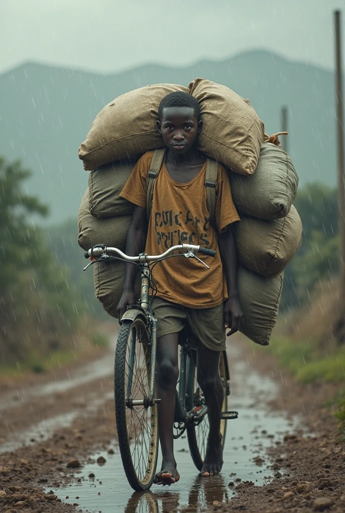 "Please create a picture of a African boy carrying a 30kg bag on his back. He should be walking out of a building towards a car parked on the road, with the intention of loading the bag into the car. The boy should be depicted wearing torn and dirty shorts, with no shoes on."