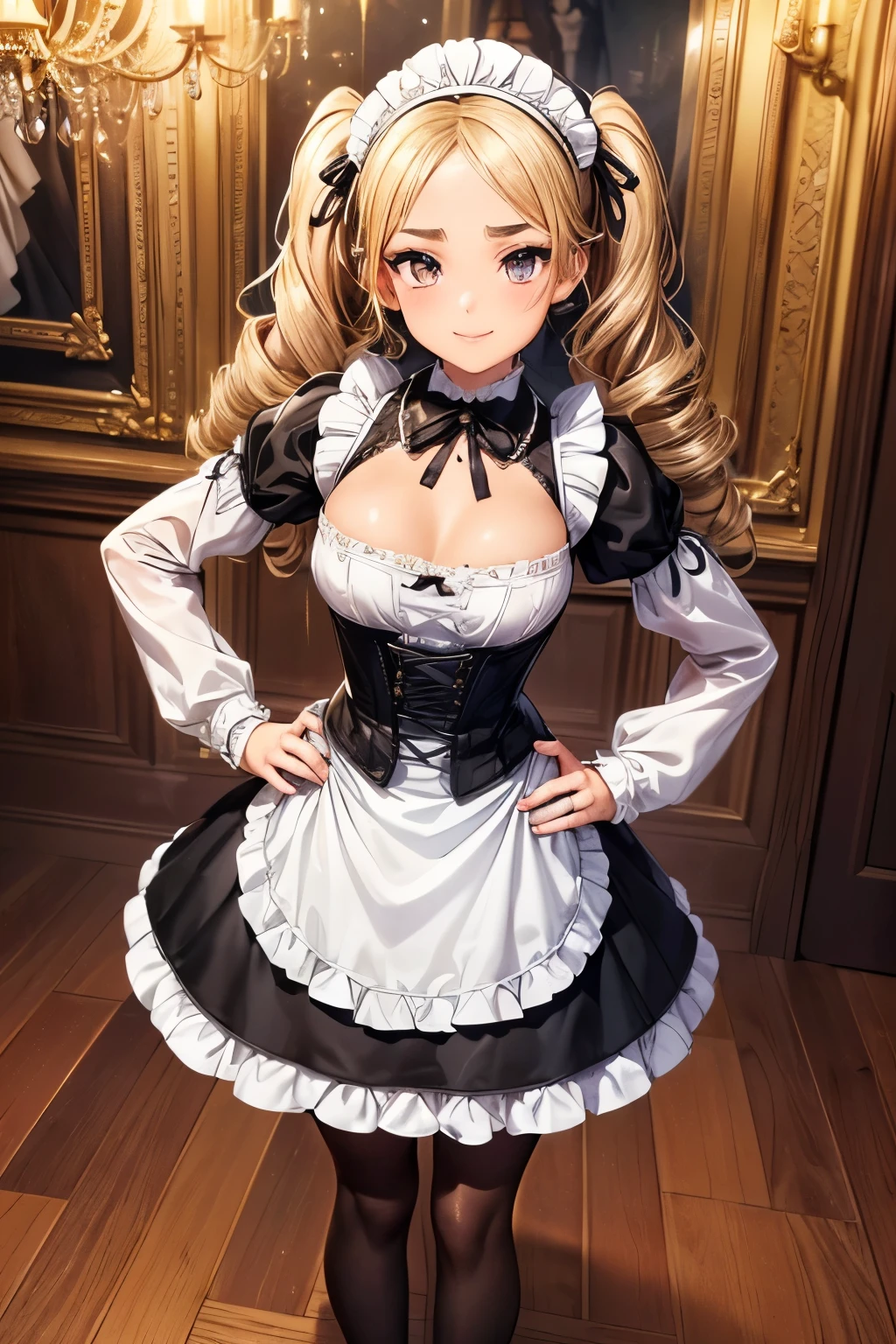masterpiece、top-quality、hight resolution、extremely detailed photo、profetional lighting、A sexy maid、doress、Lori in a dress、gorgeous maid、maid clothes、maid dress、Maid in uniform、Girl in maid clothes、Black ruffled dress、((a blond))、fullllbody、