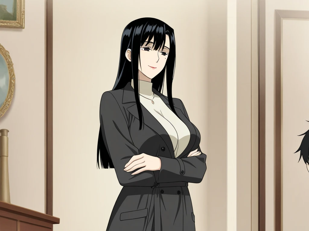 yuu, anime art style, 1girl, solo, long_hair, smile, shirt, black_hair, jewelry, very_long_hair, belt, necklace, black_eyes, labcoat