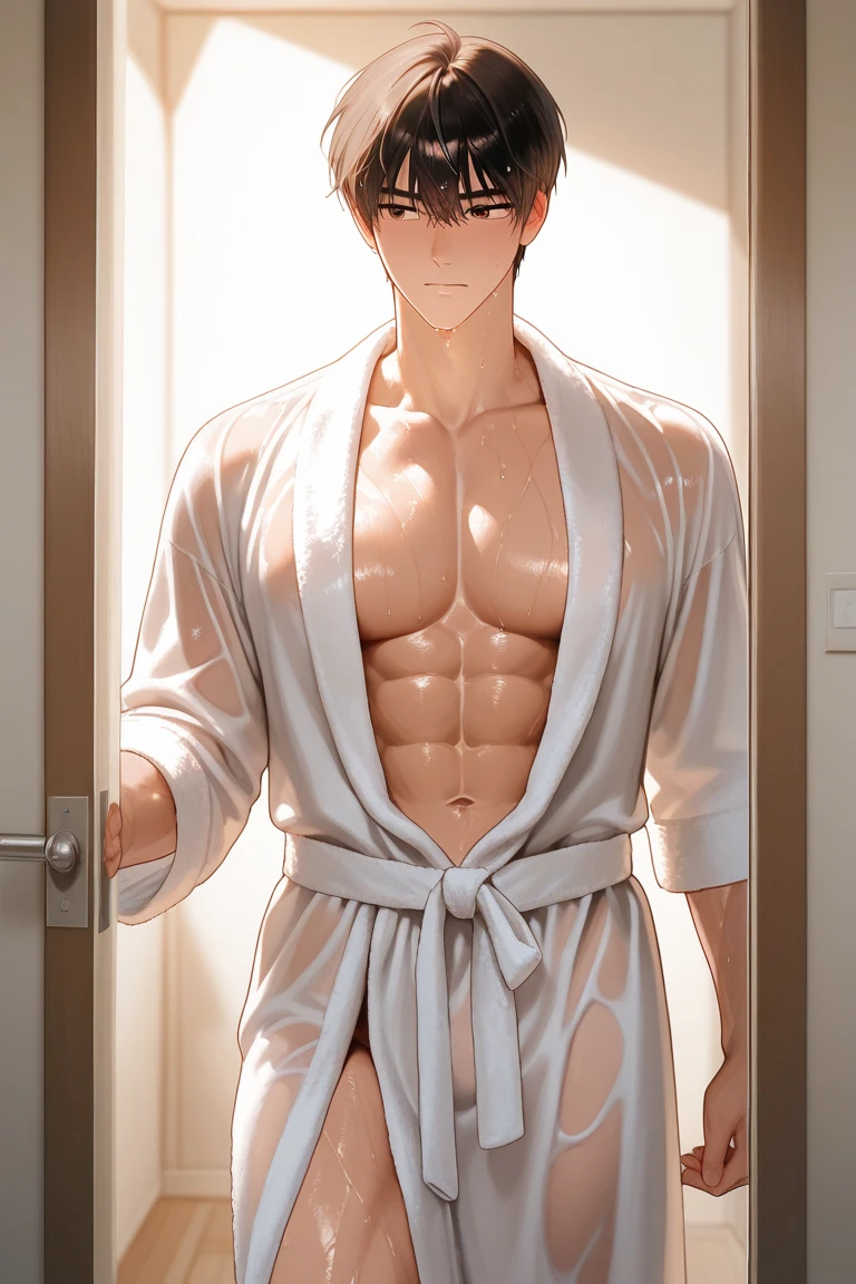 man, masterpiece, 8k, high detail of faces, cute guy gets out of the shower, sex and, athletic body, bathrobe, hot guy, shows tongue, cool yakuza