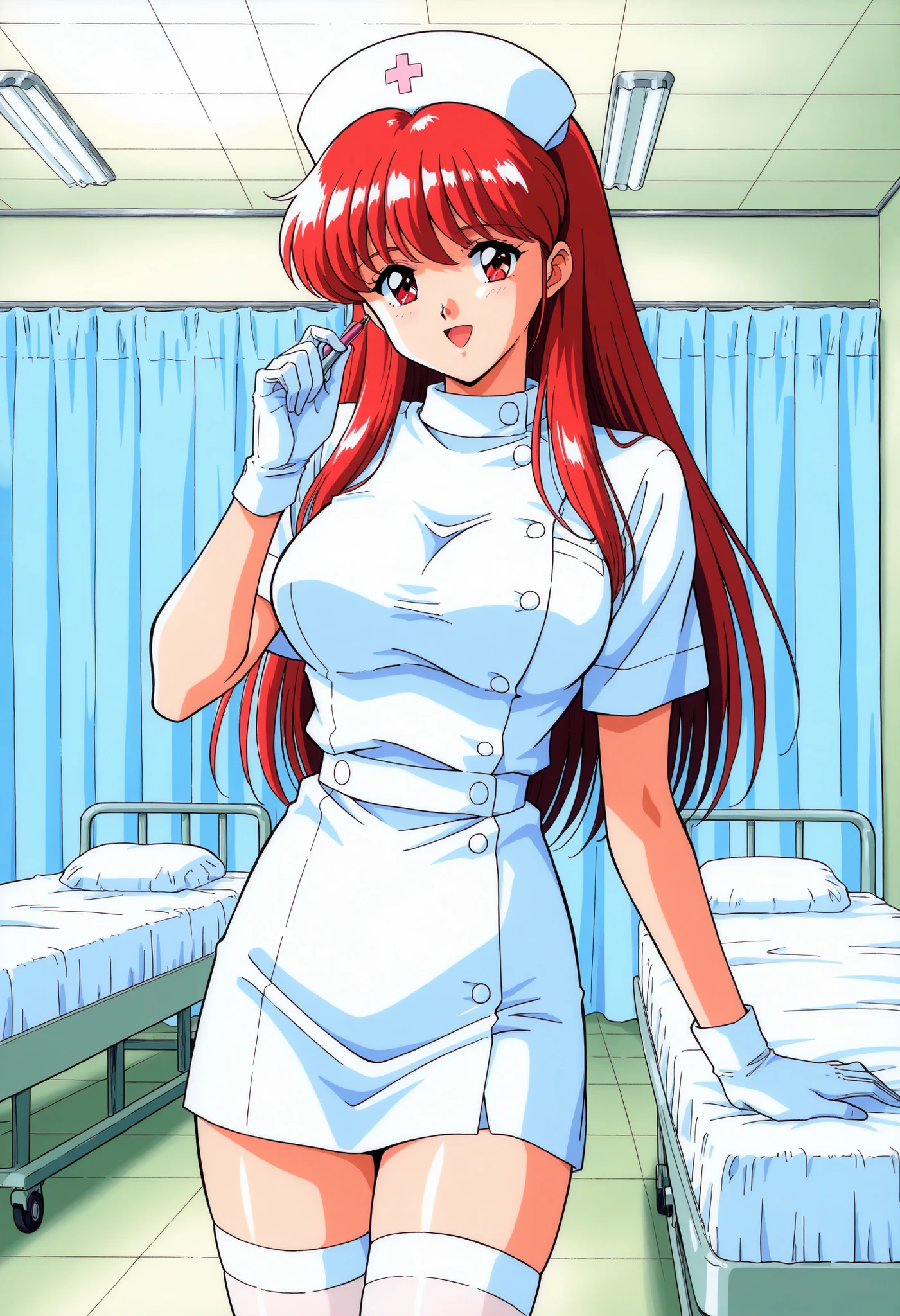 Score_9, score_8_up, score_7_up, source_anime, Fujisaki_Shiori, 1girl, solo, long hair, red hair, red eyes, large breasts, bangs, 1990s \(style\), kokura masashi style, (best quality), (high quality), {masterpiece}, extremely delicate and beautiful, ultra-detailed, beautiful detailed eyes, nurse, nurse hat, ((white nurse's outfit)), white gloves, white thighhighs, hospital room, smile, open mouth, standing