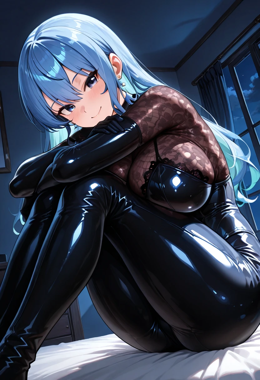 (masterpiece, best quality:1.4) wide open legs, close in view, (half visible tights), anime girl in black latex posing, seductive anime girl, oppai, breast, wearing latex, black shiny latex, visible armpits, ((pony tail behind)), leg spread wide open, tights muscles, face expression in distress, face expression in pain, screaming, squat, smooth latex, body liquid dripping, liquid dripping, liquid pouring down, visible nipples, wet skin, struggling, uncomfortable, discomfort, body sweat, having an orgasm, pussy , female , breathing heavily, terrified, detailed skin texture, fine anatomy, twisting her waist, twisting body, body twisting like a worm in discomfort, bottom up view
