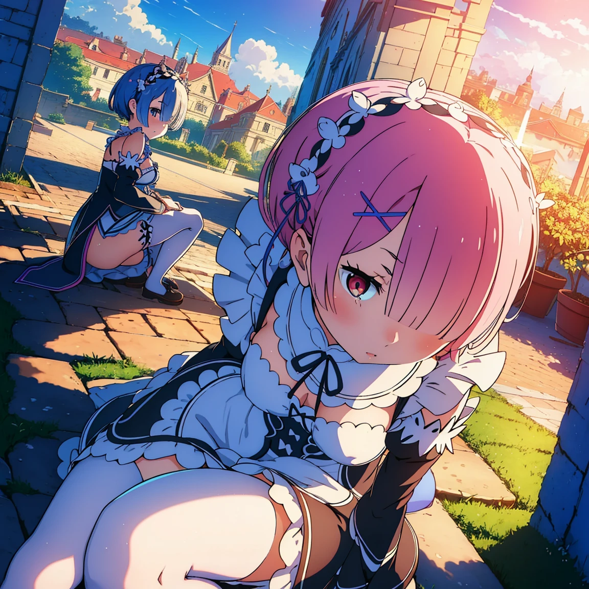 (((Pixel Perfect, Perfect detail))), alone, 1 Girl, memory, Roswaal Mansion maid outfit, Maid Tiara, Looking at the audience,(Disgust,anger) Shut your mouth.,(Skirt flip:1.3), (String:1.1),White panties,No underwear,Love juice