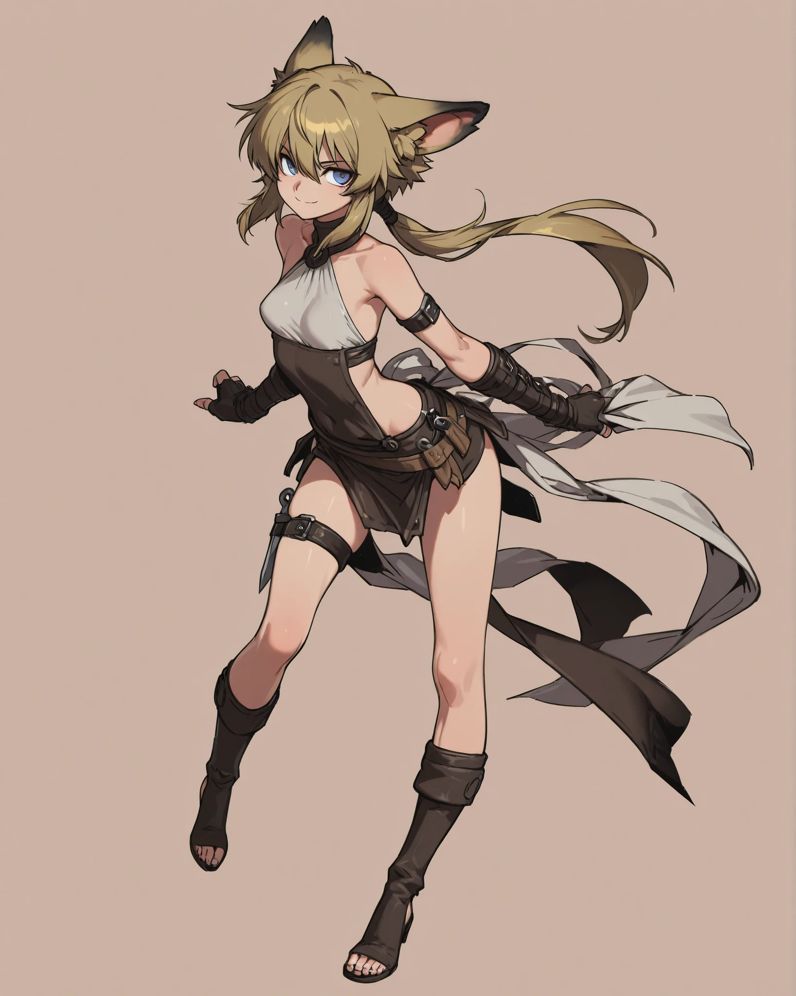 1girl, full body, solo, from side, (looking away:1.4), (walking:0.3), (standing:0.7), 

(petite, (dirty:1.4)), animal ears, goggles, goggles on head, green eyes, blonde hair, parted lips, (dirty face), expressionless, two-tone hair, white hair, short hair, braid, floating hair, black scarf, torn clothes, dirty clothes, jacket,  shirt, ((kyuubi), multiple tails, fox tails), long sleeves, ((red armband)), black gloves, fingerless gloves, flat chest, torn pants, black pants, thigh strap, (asymmetrical), single bare leg, single pantsleg, brown boots, (Lostlands Flowering:1.3),

(background
((scenery:0.28), (desert), sand dunes, midday sky, hazy, dry, windy, barren, cactus, camel bones, dead tree, (ruins:0.6), strong wind, (sandstorm:0.7))
), 

 <lora:Arknights_Suzuran-LionV3:0.8>