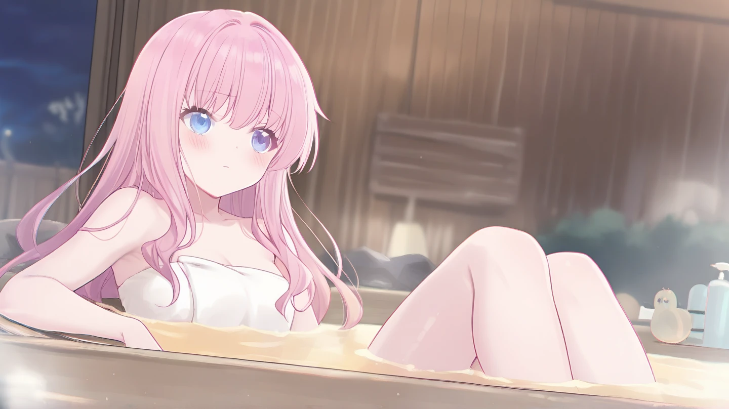 pink hair、long hair、rabbit ears、bath、全naked、blush、orange eyes、steam、naked、big breasts、Soak in the bathtub、Watery eye、embarrassed face