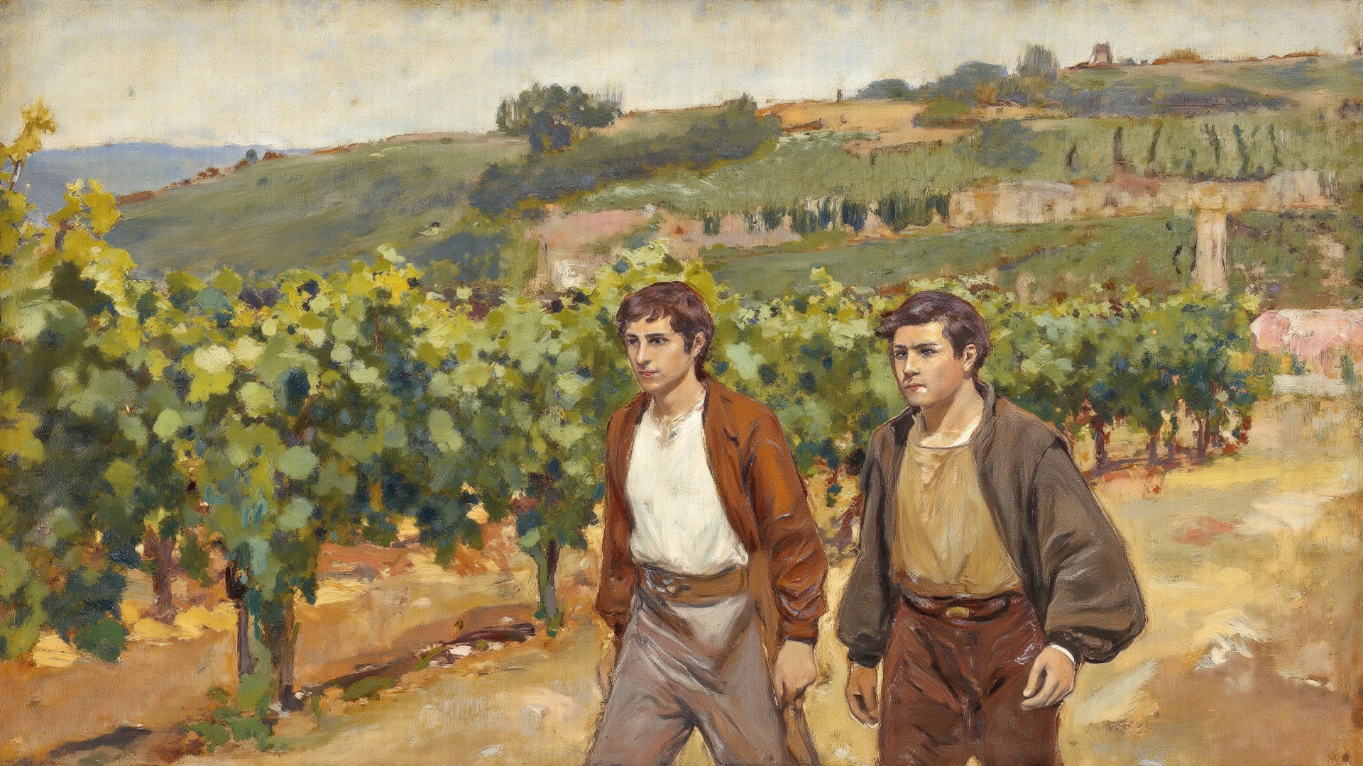 full body view, naked man and woman with shaved pussy work in a vineyard on a hillside, Rustic village in Transylvania nestled in a valley, color pencil drawing, Andrew Loomis approach, woman and man run on flotsam by the sea on beach in summer, full body shot, highly detailed linework reminiscent of Carne Griffiths, imbued with Wadim Kashim's bold color and texture, light and airy as Carl Larsson's compositions,